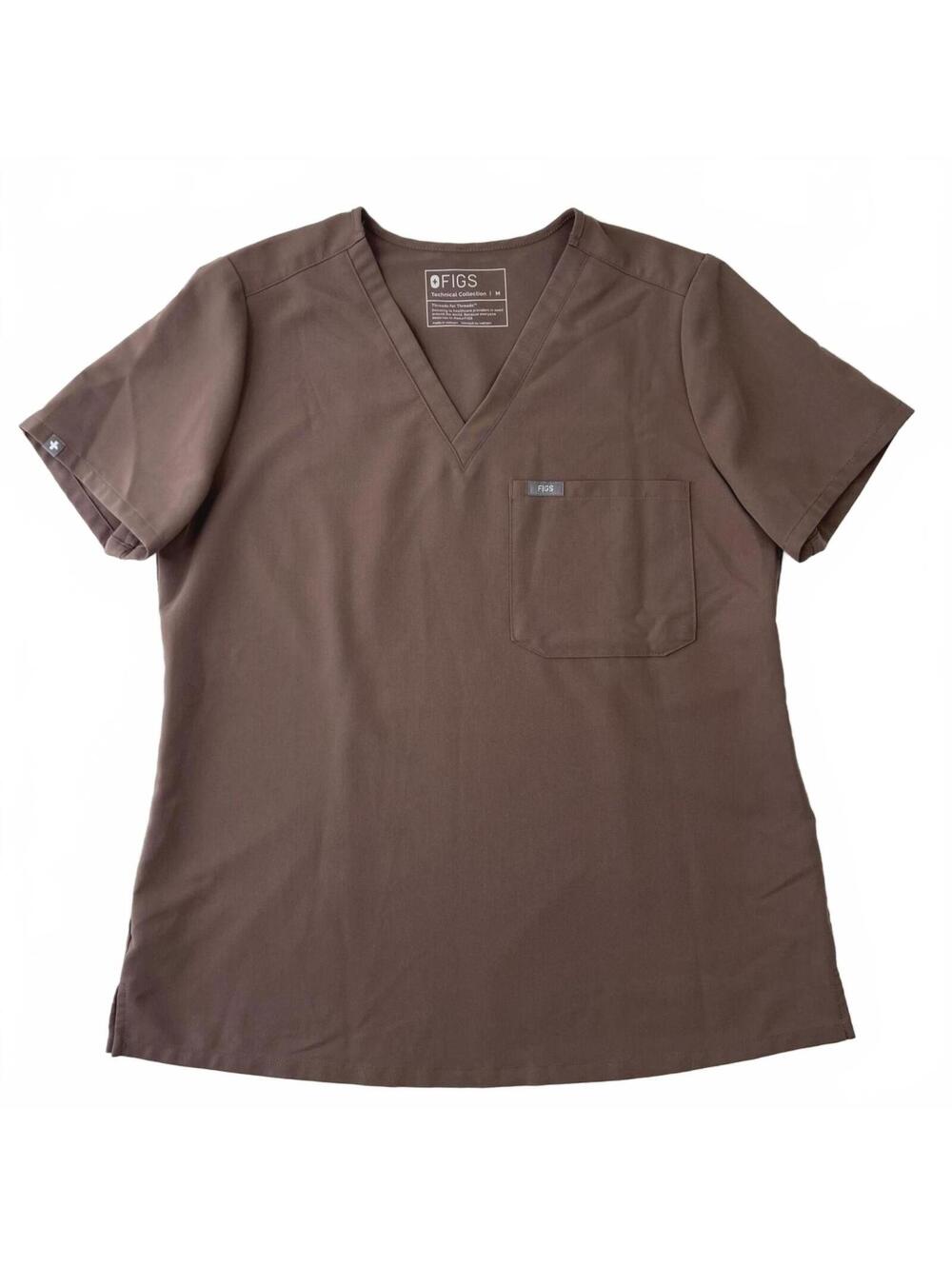 FIGS Scrub Top Women's Medium Brown V Neck Short Sleeve Pocket Healthcare Nurse